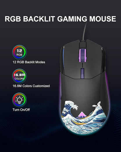 COSTOM Womier G705 USB Wired Gaming Mouse for PC Computer Windows Mac Laptop, Lightweight Silent RGB Backlit Mouse with Adjustable 12000DPI/7 Programmable Side Buttons,Black Kanagawa Theme