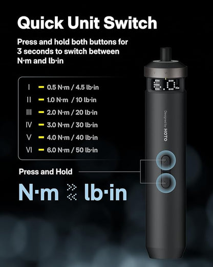 HOTO PixelDrive Electric Screwdriver, Smart Display, 6 Torque Settings, 0.5 to 6 N·m, 1/4'' Hex 30 Bits, LED Light, 2000 mAh Rechargeable Cordless Screwdriver Set for Electronics, Home Repair