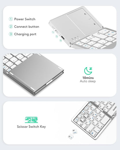 Samsers Multi-Device Foldable Bluetooth Keyboard with Touchpad, Rechargeable Dual-Mode(2.4G+BTx2) Wireless Keyboard with Holder, Portable Folding Keyboards for Android Windows iOS Mac OS - Silver