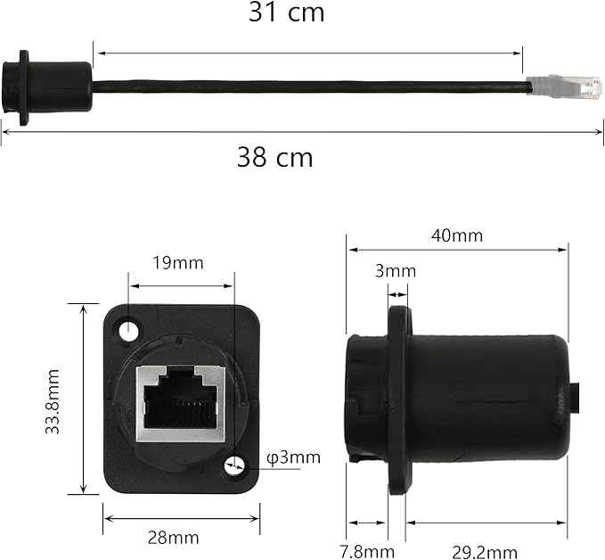 CERRXIAN 35cm RJ45 Male to Female Cat5 5e 6 Waterproof Panel Mount LAN Network Ethernet Extension Cable with Cap