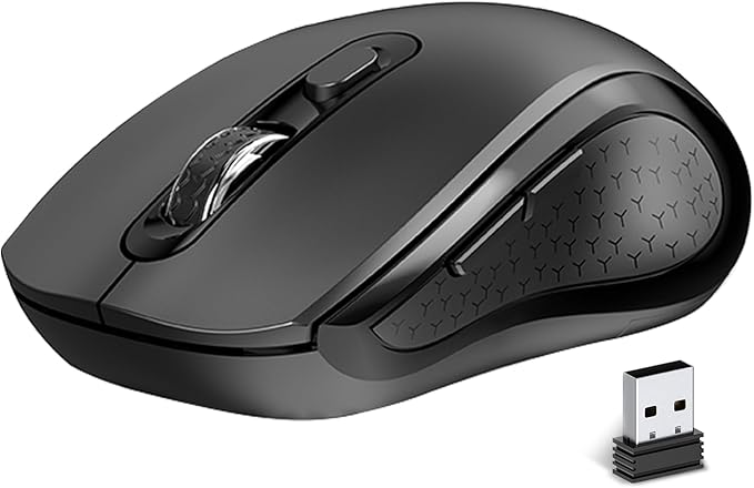 Wireless Mouse Ergonomic, Side Buttons Mouse, 2400 DPI, Silent and Anti Slip Roller Cordless Mice, 2.4Ghz with USB Receiver, 6 Buttons, Suitable for Laptop PC Chromebook and Windows 11/10/7 - Black