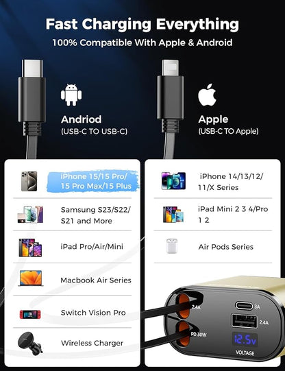 【Upgraded】 SUPERONE Retractable Car Charger 4 in 1, Fast Car Phone Charger with Cord 2.6ft, USB C and Apple Car Charger Adapter, Compatible with iPhone 15/15 Pro Max/14/13/12/11, Galaxy, Pixel