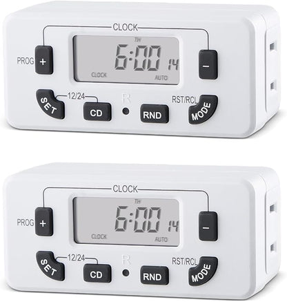7 Day Programmable Digital Timer Outlet, Indoor Timer with Single Plug-in, Suitable for Lamp, Fan, Aquarium, 15A 1/2HP, 2 Pack