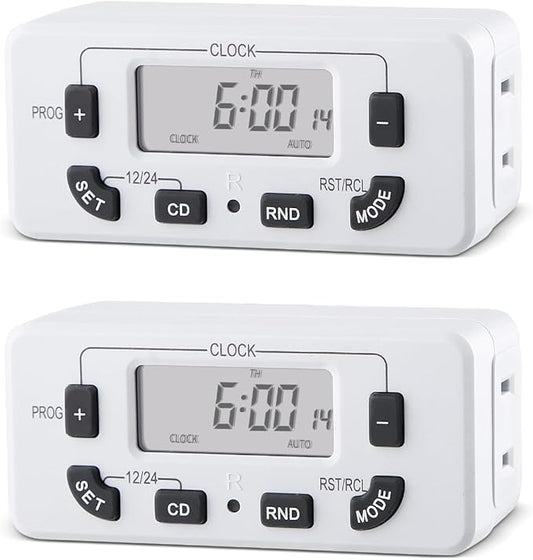 7 Day Programmable Digital Timer Outlet, Indoor Timer with Single Plug-in, Suitable for Lamp, Fan, Aquarium, 15A 1/2HP, 2 Pack