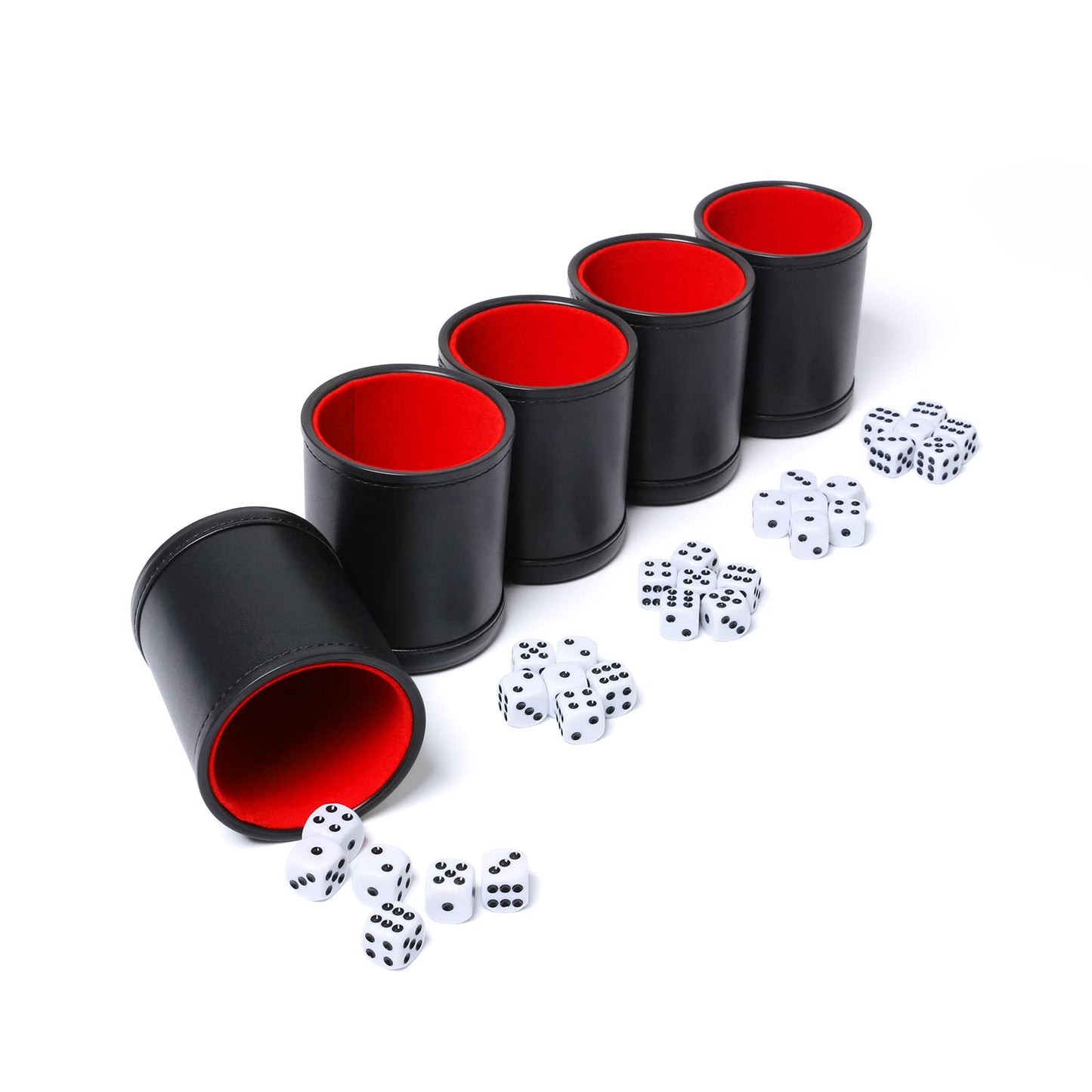 Leatherette Dice Cup Set Red Felt Lined Shaker with 6 Dot Dices for Yahtzee Farkle Bar Party Dice Games-5 Pack