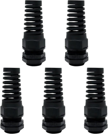 LeMotech 5Pcs NPT 1/2" IP68 Waterproof Cable Gland Flex Spiral Strain Relief Black Nylon Joint with Gaskets for 6-12mm Wire Thread