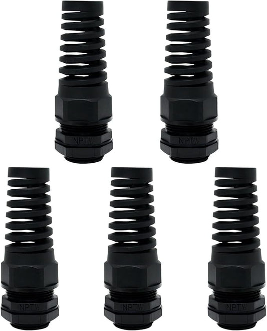 LeMotech 5Pcs NPT 1/2" IP68 Waterproof Cable Gland Flex Spiral Strain Relief Black Nylon Joint with Gaskets for 6-12mm Wire Thread