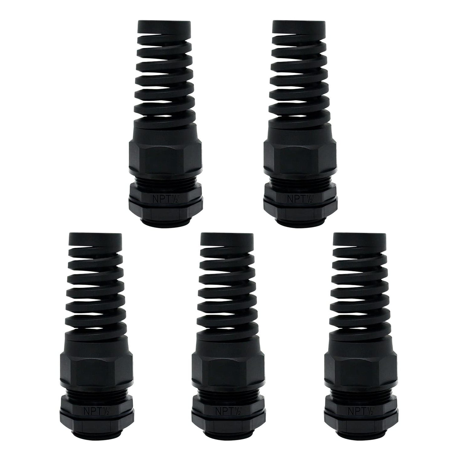 LeMotech 5Pcs NPT 1/2" IP68 Waterproof Cable Gland Flex Spiral Strain Relief Black Nylon Joint with Gaskets for 6-12mm Wire Thread