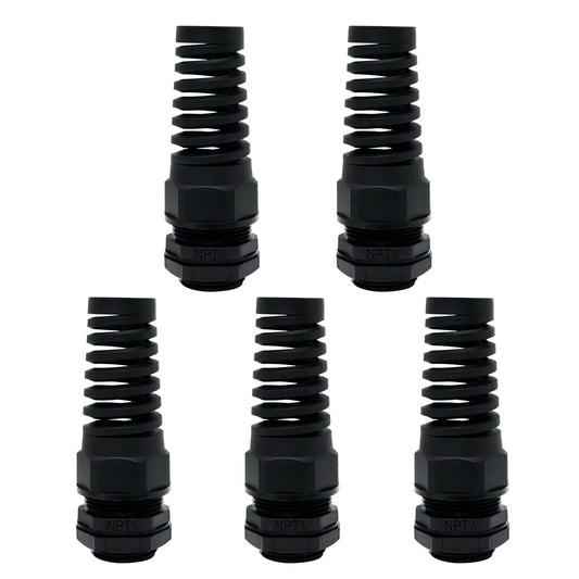 LeMotech 5Pcs NPT 1/2" IP68 Waterproof Cable Gland Flex Spiral Strain Relief Black Nylon Joint with Gaskets for 6-12mm Wire Thread