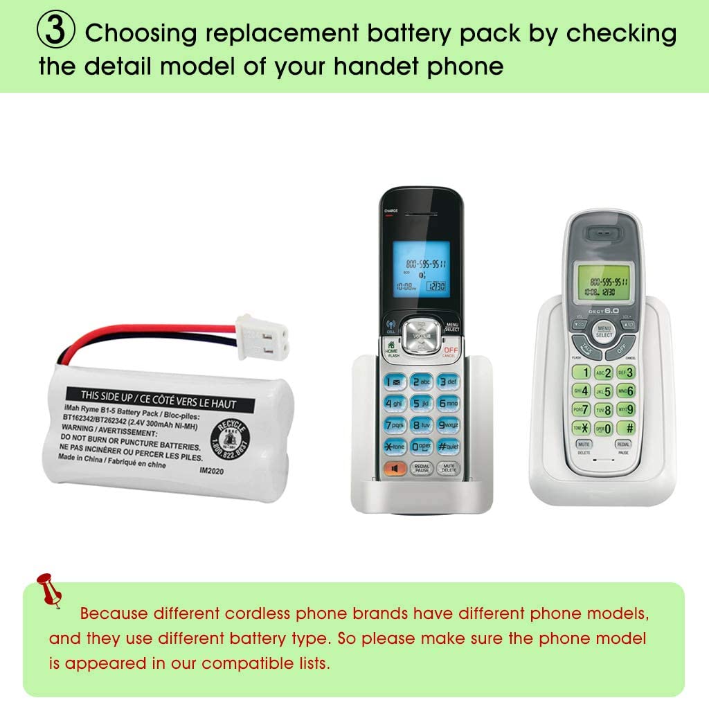 iMah BT162342/BT262342 2.4V 300mAh Ni-MH Cordless Phone Battery Pack, Also Compatible with BT183342/BT283342 AT&T EL52351 TL90070 VTech CS5119 DS6511 DS6722 LS6305 Handset, 4-Pack
