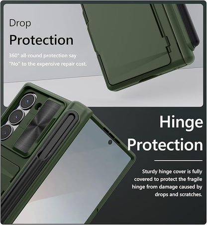 Vihibii for Samsung Galaxy Z Fold 6 Wallet Case with S Pen Holder & Card Holder & Camera Lens Cover & Hinge Protection & Front Screen Protector, Heavy Duty Phone Case for Samsung Z Fold 6 5G, Green