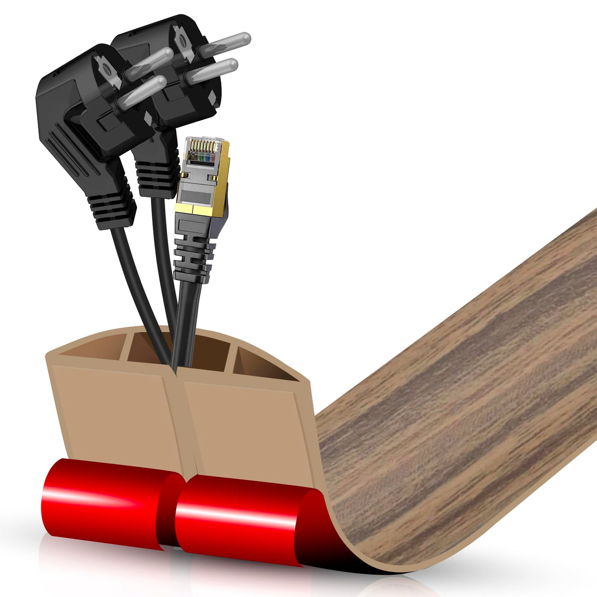 Floor Cord Cover Cavity 0.8"x0.37" Self Adhesive Cord Hider, 10FT Low Profile Cable Management, Extension Strip Protector for Wires, Prevent Cable Trips for Offices, Gyms, Exhibitions (Brown Wood)