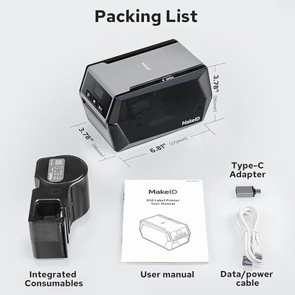 Makeid D50 Industrial Label Printer, Desktop Label Maker 2" Print Head, Mobile APP & PC Editor Compatible, 2600mAh Li-ion Battery, Come with 1.97" W x 26.24ft L Label Heavy-Duty Labeler for Job Sites