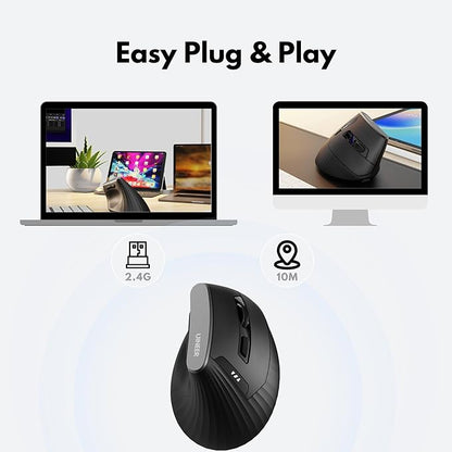 Vertical Mouse Wireless, 2.4G Rechargeable Mouse with Battery Indicator,4 Level DPI,Ergonomic Design for Comfort and Reduced Wrist Strain, Ideal for Home,Office Use (Black)