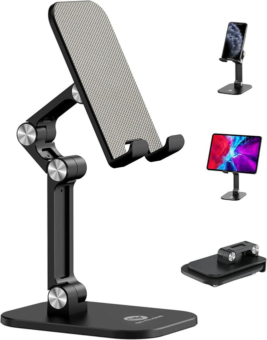 OCYCLONE Phone Stand, Foldable Cell Phone Stand Holder for Desk Office Accessories Adjustable Height and Angle iPhone Stand Compatible with 4"-13" Phones iPad Tablet - Black