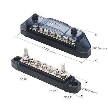 Recoil BBS25P Bus Bar 2 x M5 Studs and 5 Screw Terminals Power Distribution Block with Ring Terminals Pair Red & Black