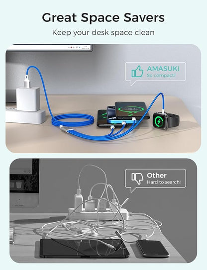 2Pack Travel Essentials Multi Charging Cable for Watch Charger 4 in 1 Fast Charger Camping Essentials USB C/L/Micro Compatible with Watch Series 10-1/SE/Ultra Phone 16 15/Galaxy Android-4FT/Blue