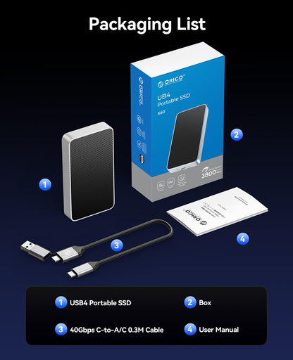 ORICO 2TB USB4.0 Portable SSD 3800MB/s(40Gbps), Ultra-Fast External Solid State Drive, Compatible with Thunderbolt 3/4, USB4, Fanless Aluminum Design, Works with Mac and PC-X40