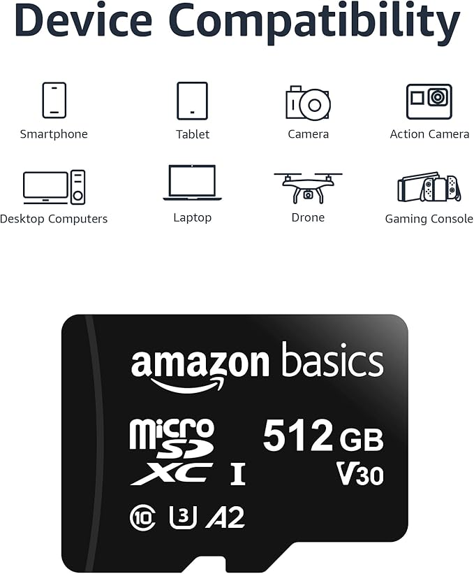 Amazon Basics Micro SDXC Memory Card with Full Size Adapter, A2, U3, Read Speed up to 100 MB/s, 512 GB, Black