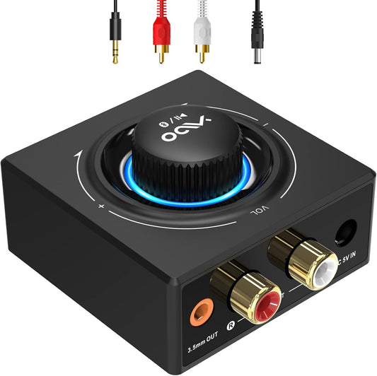 YMOO B06T3 Bluetooth 5.3 Receiver, 100ft RCA Bluetooth Audio Adapter for 3.5mm Jack AUX HiFi Home Stereo/Speaker from Smartphone/Tablet/Laptop, Dual Link for Two Speakers, SBC AAC Audio