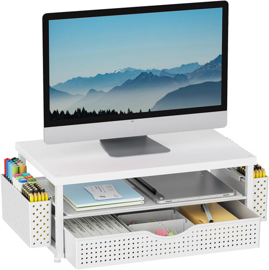 gianotter Desk Organizers and Accessories, Monitor Stand with Drawer and 2 Pen Holder, Desktop Organizer Suitable for Offices and Dormitories (Blue)