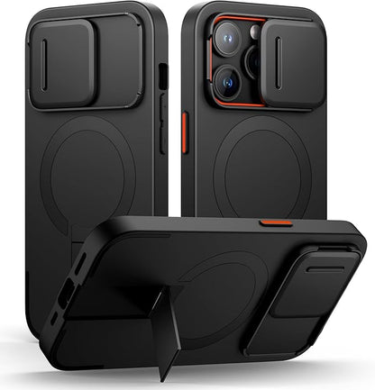 SURITCH for iPhone 14 Pro Case with Magnetic Camera Slide Cover and Adjustable Kickstand, Compatible with MagSafe, Shockproof Bumper Case Slim Protective Cover for iPhone 14 Pro 6.1 Inch, Black