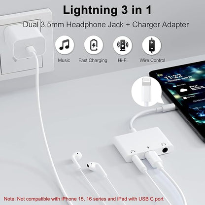 3 in 1 Dual 3.5mm Headphone Jack Adapter - Earphone Jack Audio and Charging Adapter - Headphone Splitter for iPhone 14/13/ 12/11/ X/ 8 - White