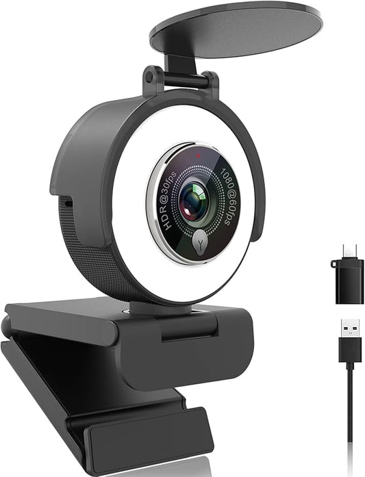 Angetube 1080p Webcam with Ring Light for Streaming, USB 60FPS Web Camera
