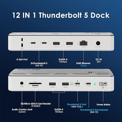 WAVLINK Thunderbolt 5 Docking Station, 12-in-1 Thunderbolt 5 Dock with 120Gbps Max Transfer, 140W PD, 2.5G Ethernet Port, 4X USB-A 3.2 Gen 2, SD 4.0, 8K Display for Thunderbolt 5/4 Laptops