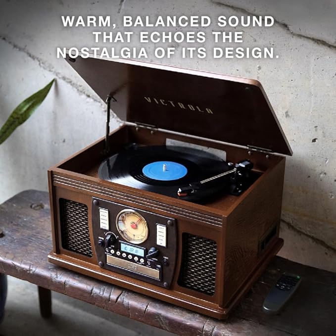 Victrola Navigator 8-in-1 Bluetooth Record Player with Built-in Speakers– 3 Speed Turntable, CD Player, Cassette, FM Radio, USB, RCA Out, Headphone Jack, Wireless Music Streaming, Real Wood (Mahogany)