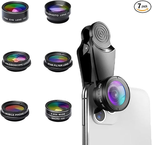 Universal 7-in-1 Mobile Phone Camera Lens Kit, Funny Cell Phone Lens for iPhone, for Samsung, for Android Smartphone, Universal Clip on Wide Angle+Macro+ Fish Eye Camera Lenses attachments Accessory