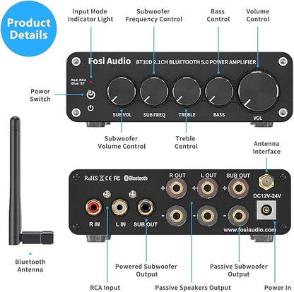 Fosi Audio BT30D Bluetooth 5.0 Stereo Audio Receiver Amplifier 2.1 Channel Mini Hi-Fi Class D Integrated Amp 50 Watt x2+100 Watt for Home Outdoor Passive Speakers/Subwoofer Powered Subwoofer