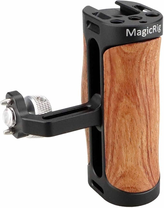 MAGICRIG Locating Side Handle for ARRI Mount, Left/Right Mini Wooden Handgrip for DSLR Camera Cage, with Cold Shoe 1/4"-20 and 3/8"-16 ARRI Locating Threads, Up and Down Adjustable