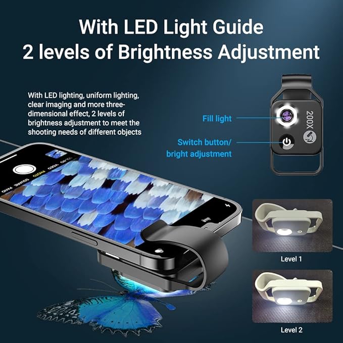 200X Magnification Microscope Lens withCPL Mobile LED Light Micro Pocket Macro Lenses for iPhone Samsung All Smartphones (Black with CPL)