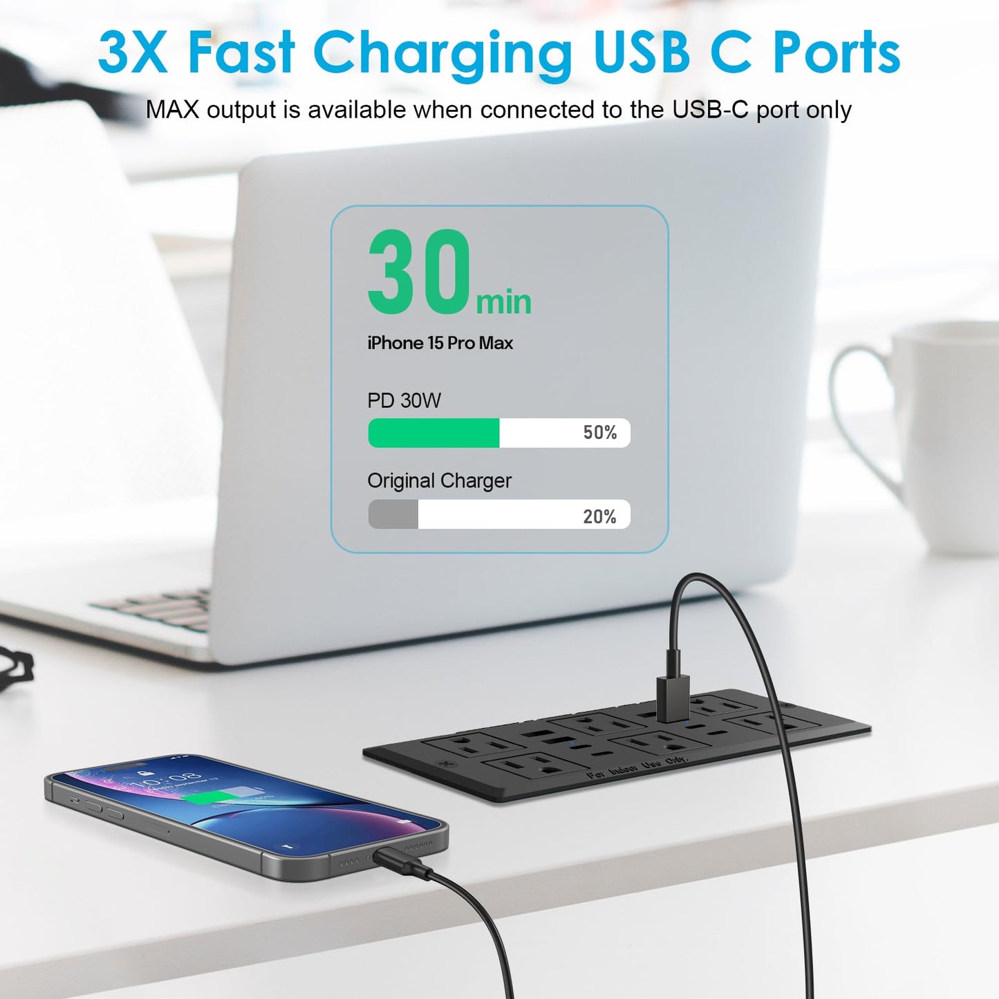 Recessed Power Strip with PD 30W Fast Charging, Conference Desk Flush Mount Outlets Plug in 6 Outlets & 8 USB Ports,3FT Cord Furniture Drawer Outlet Black