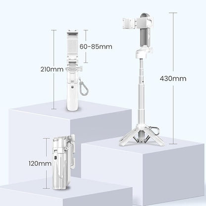 Portable Selfie Stick Tripod with Remote, 3-in-1 Pocket Size Phone Tripod Grip with 2 Cold Shoes, Mini Selfie Stick for iPhone Android, Phone Holder for Vlog, Livestreaming, Photography