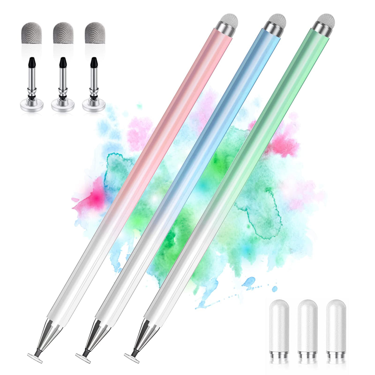 Stylus Pens for Touch Screens, 2 in 1 High Precision Universal Stylus Pen for iPad Compatible with Apple, iPhone, iPad, Android, Samsung Tablets, Phones, 3 Pack-Pink, Purple, Yellow