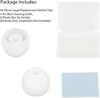 36 Pieces Large Earbud Tips Soft and Comfortable Silicone Earbud Tips Ear Bud Replacement Pieces Silicone Fit Most in-Ear Headphones，Inner Hole 3.8mm -5.5mm，Large White Earbuds Silicone Tips