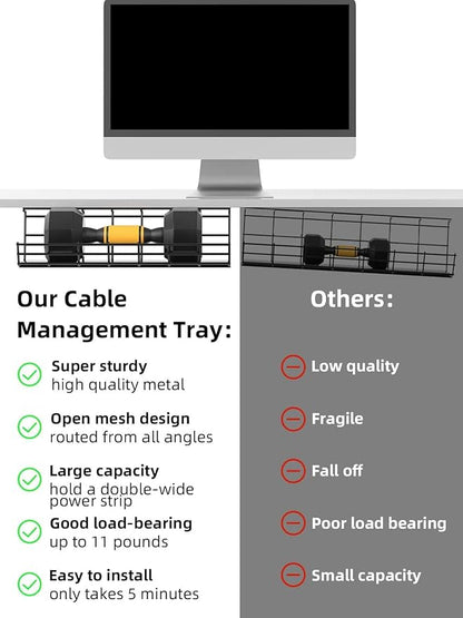 2 Pack DELAMU Under Desk Cable Management Tray, Large Metal Cord Organizer, Office & Home Cord Wire Management Under Desk Shelf, Easy Install Pre-drilled Cable Organizer, Black