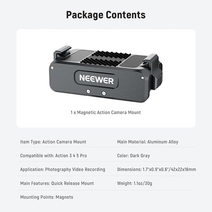 NEEWER Upgraded Magnetic Mount Adapter Compatible with DJI Osmo 360 / Action 5 Pro/4/3, Quick Release Action Camera Mount Vlogging Accessories with 1/4" Tripod Thread, AC011 Dark Gray