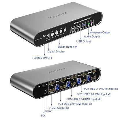 4 Computers 2 Monitors USB 3.0 HDMI KVM Switch 4K@60Hz with Hotkey Switching, Automatic Switching 4 Port Dual Monitor, Aluminum, Digital Display, USB 3.0 Audio/Mic, EDID, HDR10 with Cables