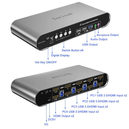 Terived 4 Computers 2 Monitors USB 3.0 HDMI KVM Switch 4K@60Hz with Hotkey Switching, Automatic Switching 4 Port Dual Monitor, Aluminum, Digital Display, USB 3.0 Audio/Mic, EDID, HDR10 with Cables