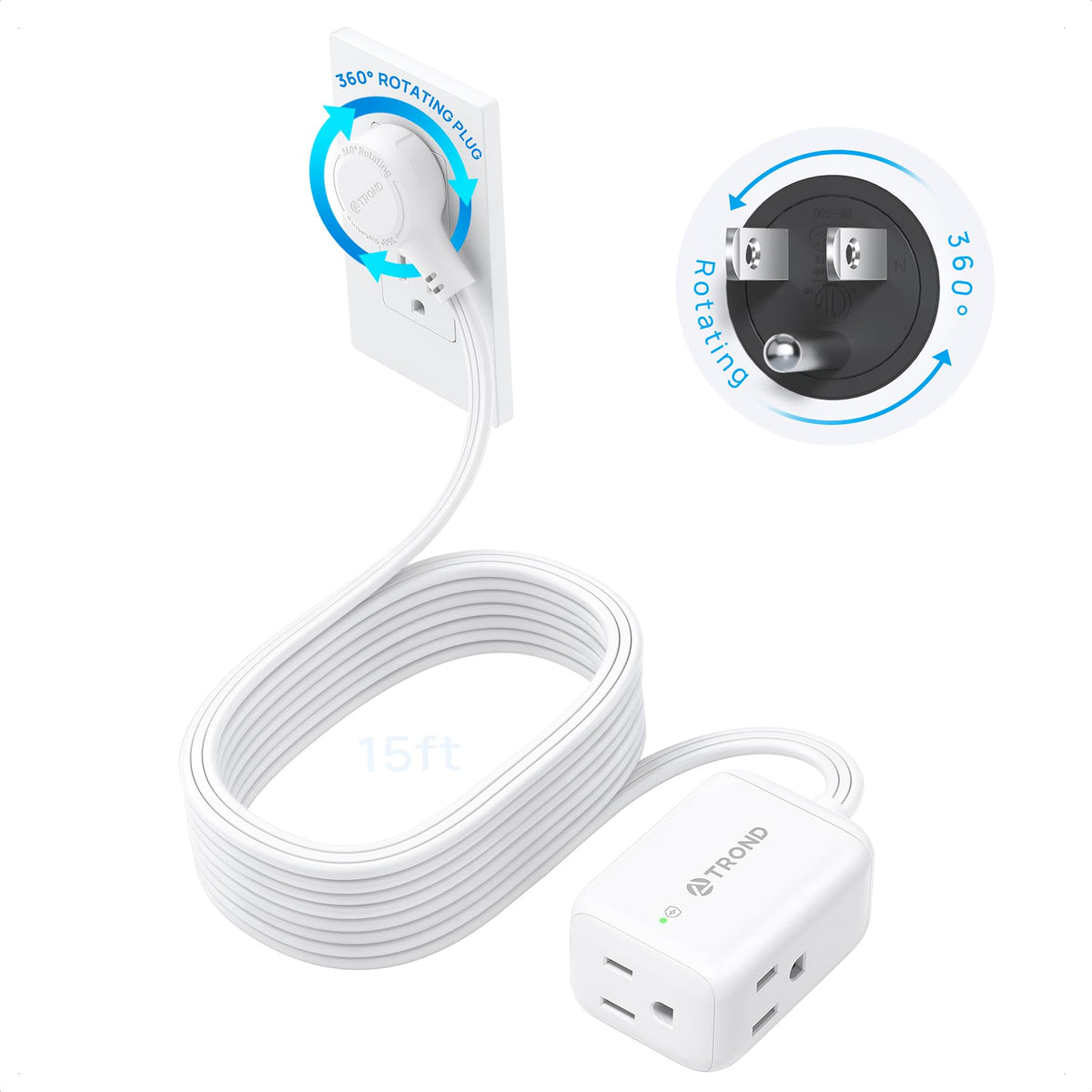TROND Rotating Flat Plug Extension Cord Surge Protector 1.5ft, 3 AC, White