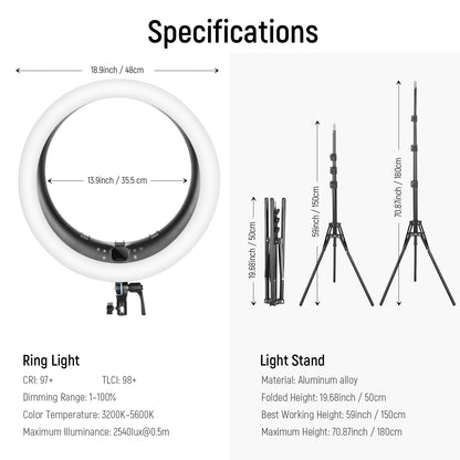 NEEWER 19 inch Ring Light with Stand, 3 Phone Holders and Mini Ball Head, Upgraded 2.4G & Touch Control, Smooth Dimming at 1%, 3200K-5600K for Selfie TikTok Live Streaming Video Recording Zoom, RP19H
