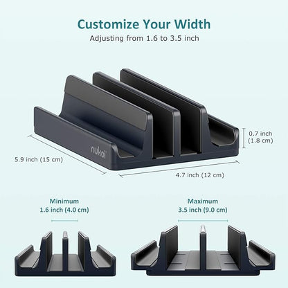 Vertical Laptop Stand - SPACEMax Adjustable GRIPLock Anti-Tip Silicone 4 Slots Aluminum Desktop Holder - Double Dock Stand - 2 Phone Slots Fits Up to 17.3” Laptops, Tablets, Phones - Gray