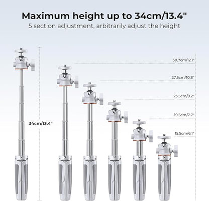 K&F Concept Selfie Stick Tripod, 360 Degree Rotation Mini Phone Stand with Ball Head and Cold Shoe Mount, Cellphone Holder with Wireless Remote for Smartphone White