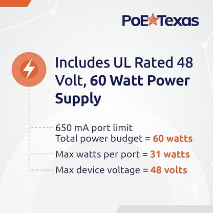 PoE Texas 8 Port Injector - 10/100 Passive Power Over Ethernet With 48V 60W UL Power Supply - 802.3af for VoIP Phones, WiFi Access Points, IP Cameras - Add to A Non-PoE Switch