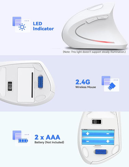 TECKNET Ergonomic Mouse, 4800 DPI Wireless Vertical Mouse with 5 Adjustable DPI Levels, 6 Buttons, 2.4GHz Optical Carpal Tunnel Mouse for Laptop, Desktop, PC, MacBook - White
