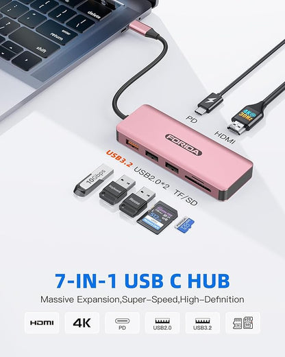 USB C Hub, 7 Ports USB C MultiPort Adapter for MacBook Pro/Air, Type C to HDMI Dongle with 4K HDMI, 1 USB 3.2 Up to 10Gbps, 2 USB 2.0, 100W PD, SD/TF for iPhone 15/16 and Other Type C Devices