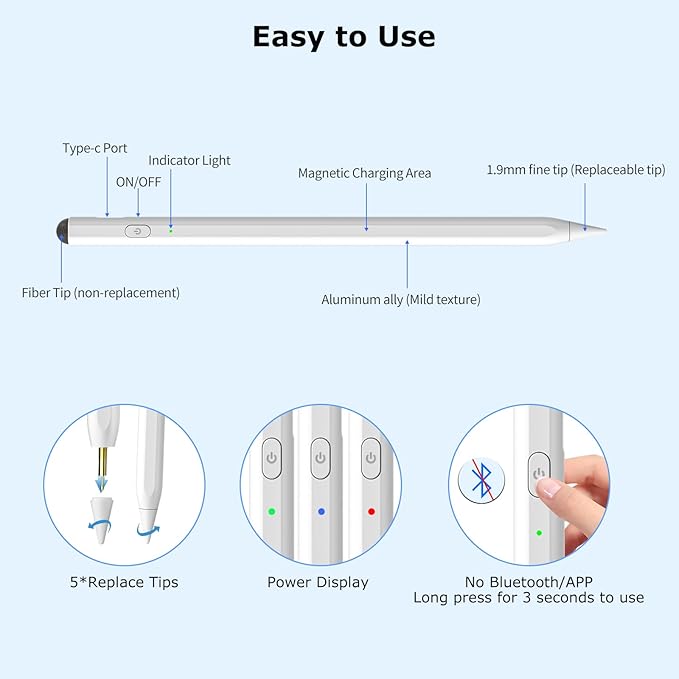 Stylus Pen for iPad, 2 in 1 Active and Capacitive Apple Pen, Fast Charge for Apple iPads 10th Generation Pencil, Compatible with iPad Pro 11/12.9", iPads 6/7/8/9/10, Air 3/4/5, iPad mini 5/6 (White)